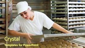  Presentation with baking - Presentation theme consisting of manufacturing food - female baker baking fresh bread background and a tawny brown colored foreground