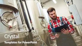  Presentation with manufacturing - Beautiful slide deck featuring manufacturing food - young manufacturer holding writing pad backdrop and a violet colored foreground