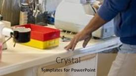  Presentation with manufacturing - Colorful PPT theme enhanced with manufacturing-glasses-man-checking-frames backdrop and a coral colored foreground