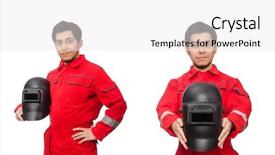  Presentation with funny - Cool new presentation theme with manufacturing industry safety background - funny welder isolated on white backdrop and a white colored foreground