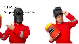  Presentation with manufacturing safety - Beautiful presentation theme featuring manufacturing industry safety background - funny welder isolated on white backdrop and a white colored foreground