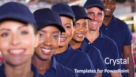  Presentation with team group - Theme featuring manufacturing job - group of modern textile workers background and a navy blue colored foreground