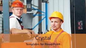  Presentation with forklift - Colorful theme enhanced with manufacturing job - two young workers men backdrop and a gold colored foreground