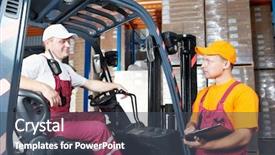  Presentation with forklift - Colorful slide set enhanced with manufacturing job - two young workers men backdrop and a dark gray colored foreground