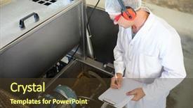  Presentation with factory machine - PPT layouts consisting of manufacturing line - technician examining processing machine background and a tawny brown colored foreground