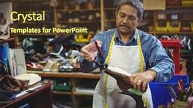  Presentation with shoe manufacturing - Presentation theme consisting of manufacturing materials - shoemaker repairing a shoe background and a tawny brown colored foreground