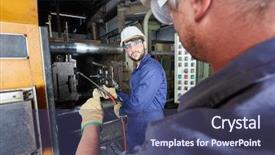  Presentation with foundry - Presentation design enhanced with manufacturing metal workpieces in metallurgy background and a ocean colored foreground