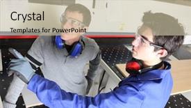  Presentation with industrial wood - Presentation theme featuring manufacturing plant - two men operating industrial wood background and a mint green colored foreground