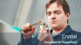  Presentation with mechanical - Theme with manufacturing process - mechanical technician worker measuring detail background and a ocean colored foreground
