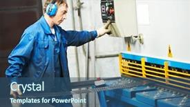  Presentation with workshop - Cool new presentation with manufacturing process - worker at workshop operating guillotine backdrop and a ocean colored foreground