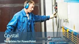  Presentation with workshop - Theme having manufacturing process - worker at workshop operating guillotine background and a ocean colored foreground