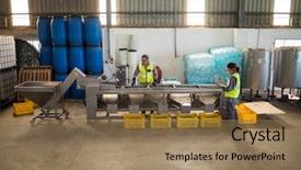  Presentation with manufacturing process - Amazing slide deck having manufacturing process - workers working together near production backdrop and a coral colored foreground