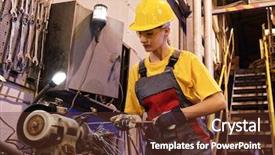  Presentation with worker safety - Beautiful presentation theme featuring manufacturing safety - factory female worker sharpening tools backdrop and a tawny brown colored foreground