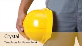  Presentation with manufacturing safety - Slides with manufacturing safety - yellow helmet at man hands background and a gold colored foreground