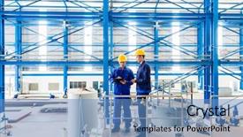  Presentation with factory workers - Cool new presentation theme with manufacturing technology - two workers in large metal backdrop and a teal colored foreground