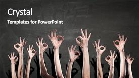  Presentation with rise - Amazing PPT theme having many 3d human - group of people rise hands backdrop and a dark gray colored foreground