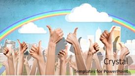  Presentation with rise - Cool new slides with many 3d human - group of people rise hands backdrop and a coral colored foreground