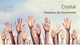  Presentation with rise - Slide set consisting of many 3d human - group of people rise hands background and a sky blue colored foreground