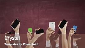  Presentation with rise - Slide set consisting of many 3d human - group of people rise hands background and a tawny brown colored foreground