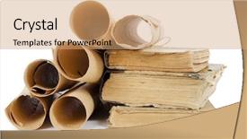  Presentation with many books - Slide deck with many ancient scrolls and old background and a coral colored foreground