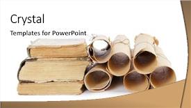  Presentation with many old books - Beautiful slide deck featuring many ancient scrolls and old backdrop and a  colored foreground