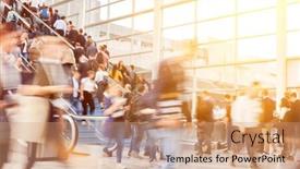  Presentation with fair trade - Presentation design enhanced with many-anonymous-blurred-business-people background and a coral colored foreground