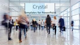  Presentation with advertising - Beautiful presentation featuring many-anonymous-trade-fair-visitors backdrop and a sky blue colored foreground