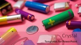  Presentation with batteries - Presentation design consisting of many-batteries-on-a-pink background and a coral colored foreground
