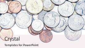  Presentation with on money - Beautiful slide deck featuring many coins money euro dollar backdrop and a  colored foreground