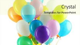  Presentation with balloons - Colorful slide deck enhanced with many colored - colorful balloons isolated on white backdrop and a blonde colored foreground