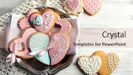  Presentation with valentines day - Slide set having many colored - heart shaped cookies for valentines background and a coral colored foreground