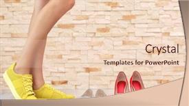  Presentation with vintage interior brick wall - PPT layouts featuring many colored - woman choosing shoes on brick background and a lemonade colored foreground