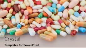  Presentation with medicines - PPT layouts enhanced with many-colorful-medicines-with-pills background and a coral colored foreground