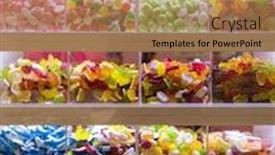  Presentation with sweets - Audience pleasing slide deck consisting of many-colorful-sweets-on-display backdrop and a coral colored foreground