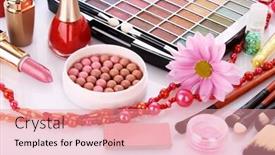  Presentation with colourful flower - Slides having many colourful woman cosmetics with flower on white white background background and a coral colored foreground