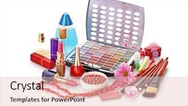  Presentation with colourful flower - Presentation with many colourful woman cosmetics with flower on white white background background and a lemonade colored foreground