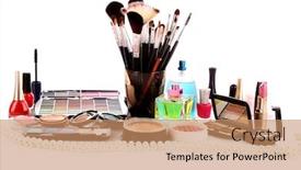  Presentation with colourful flower - Presentation theme consisting of many colourful woman cosmetics with flower on white white background background and a coral colored foreground