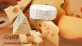  Presentation with blue aged wood sign - Audience pleasing slides consisting of many delicious aged cheeses backdrop and a  colored foreground