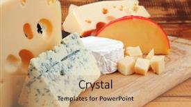  Presentation with aged - Colorful slide set enhanced with many delicious aged cheeses on wooden plate backdrop and a coral colored foreground