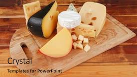  Presentation with blue aged wood sign - Audience pleasing PPT theme consisting of many delicious aged cheeses on wooden plate backdrop and a coral colored foreground