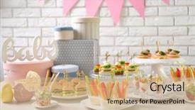 Presentation with baby shower - Colorful PPT theme enhanced with many different snacks for baby backdrop and a coral colored foreground