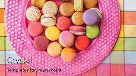 Presentation with french pastry - Beautiful PPT layouts featuring many-french-macarons-selection backdrop and a coral colored foreground