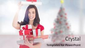  Presentation with tree root - Theme with many gifts against blurry christmas background and a coral colored foreground