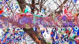  Presentation with eye glass - Beautiful PPT theme featuring many-glass-mascots-evil-eye backdrop and a coral colored foreground