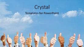  Presentation with holding hands - Amazing presentation theme having many hands holding thumbs up backdrop and a light blue colored foreground