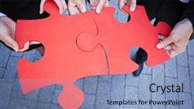  Presentation with holding puzzle pieces - PPT theme consisting of many hands holding two red background and a light blue colored foreground