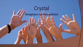 Presentation with woman hands raised to sky - Colorful PPT theme enhanced with many hands raised backdrop and a teal colored foreground