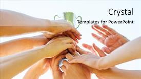  Presentation with trophy - Cool new presentation theme with many hands reach backdrop and a cool aqua colored foreground