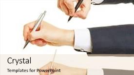  Presentation with writing pen - PPT theme featuring many-hands-with-writing-utensils background and a lemonade colored foreground