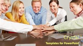  Presentation with motivation - Audience pleasing PPT layouts consisting of many-happy-business-people-stack backdrop and a tawny brown colored foreground